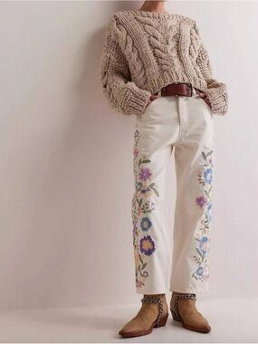 Free People We The Free Willow Floral Embroidery Jeans Cream 27